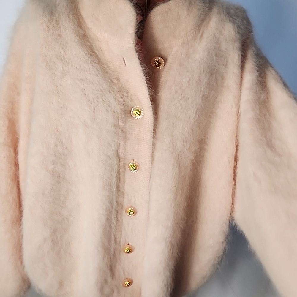 Vintage Quiet Luxury Soft Angora Fur Jewel Button Pink Cardigan Sweater Size XL